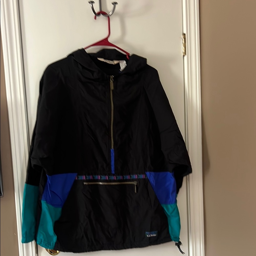 L.L. Bean Black and Blue Windbreaker with Stand-Up Collar